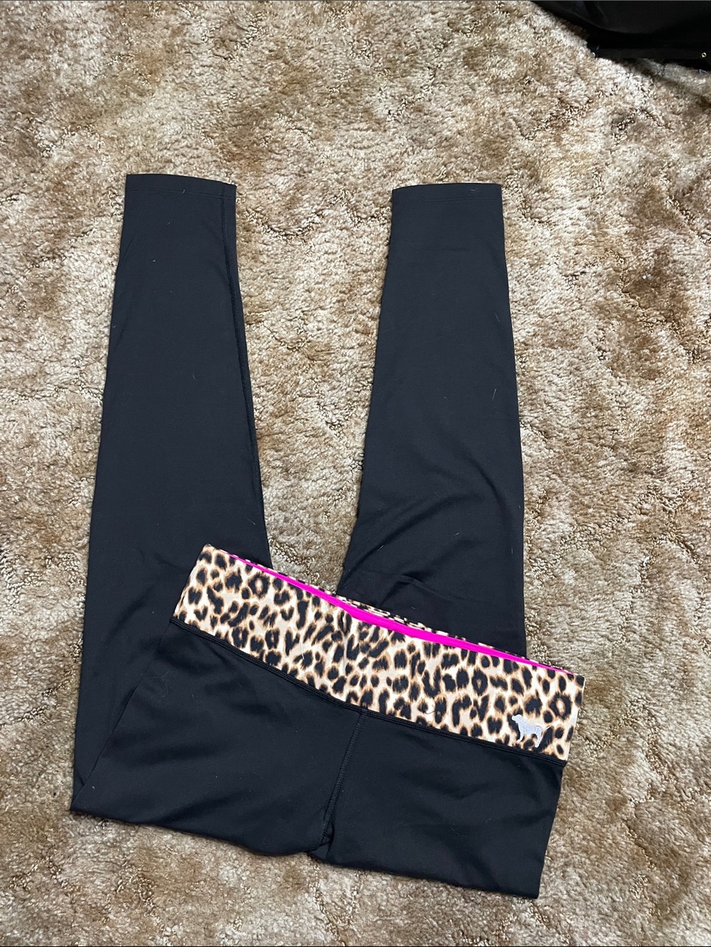 PINK Victoria’s Secret Y2K Leopard Print Waistband Black Leggings Size Medium